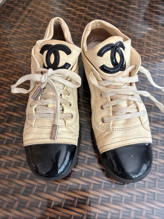CHANEL Shoes - CHANEL Beige and Black Lace-Up Logo Sneakers